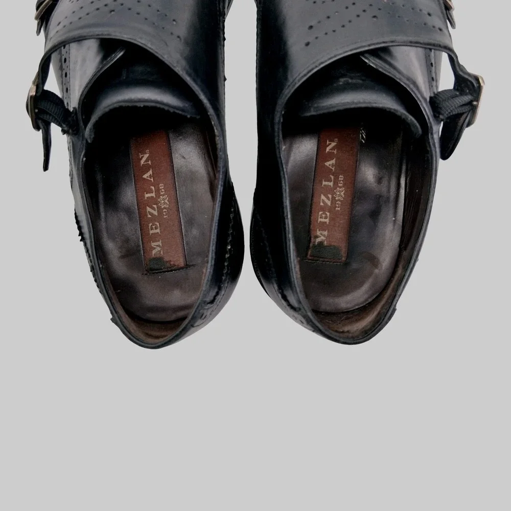 Mezlan Shoes Mens Size 10 Black Leather Double Monk Strap Dress Square Toe 15446